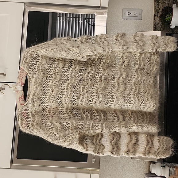 Express Vtg 90s Tricot Fuzzy Mohair Blend Cream Gray Open Knit Sweater Women's L - Picture 1 of 10